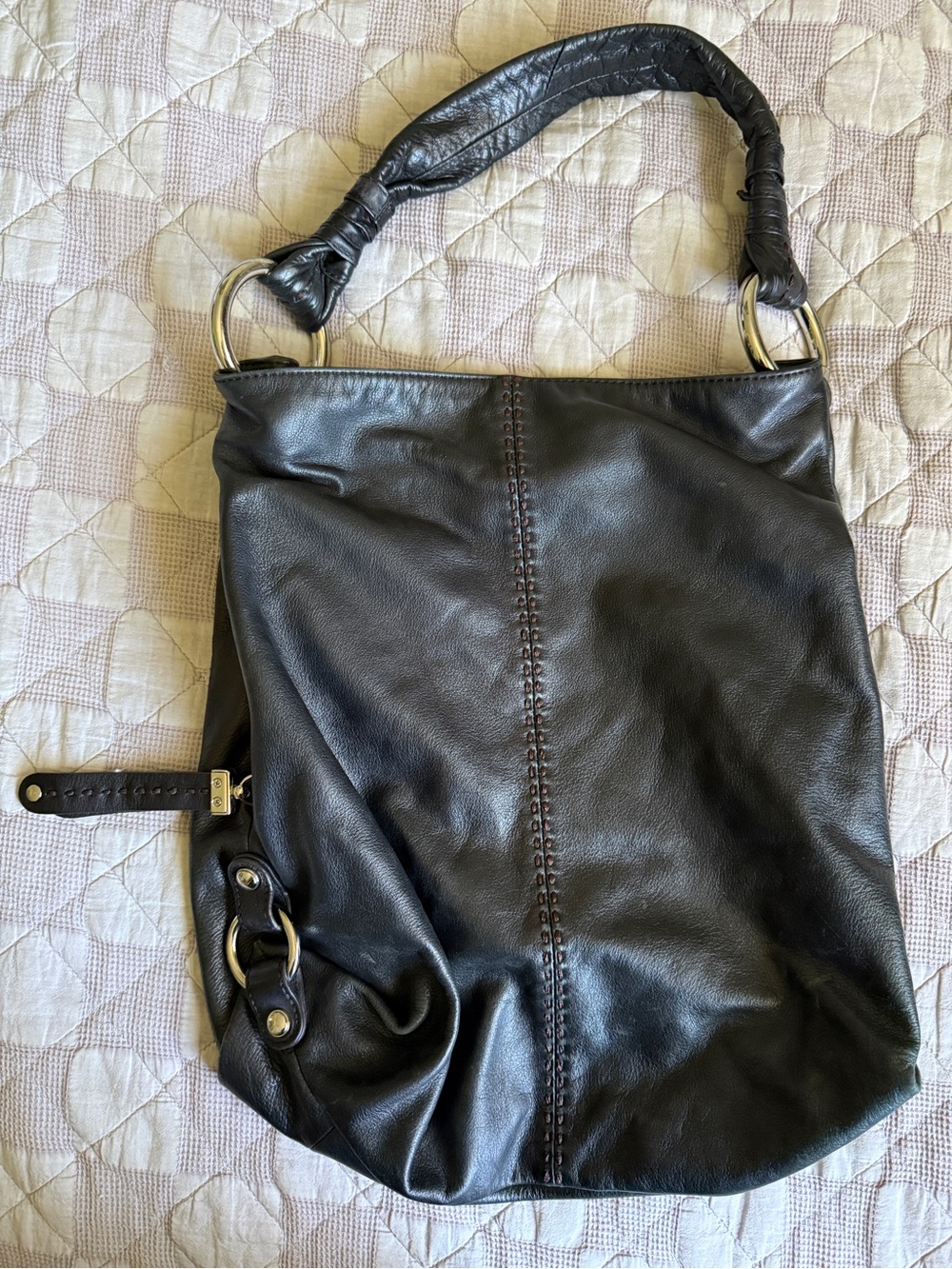 b. makowsky Black Leather Hobo Bag with Braided Stitch Detail